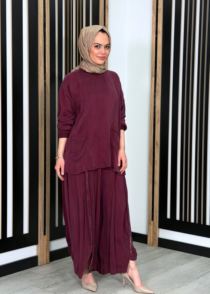 MissWhence Fermuar Detaylı İpek Şalvar Takım BORDO - 2