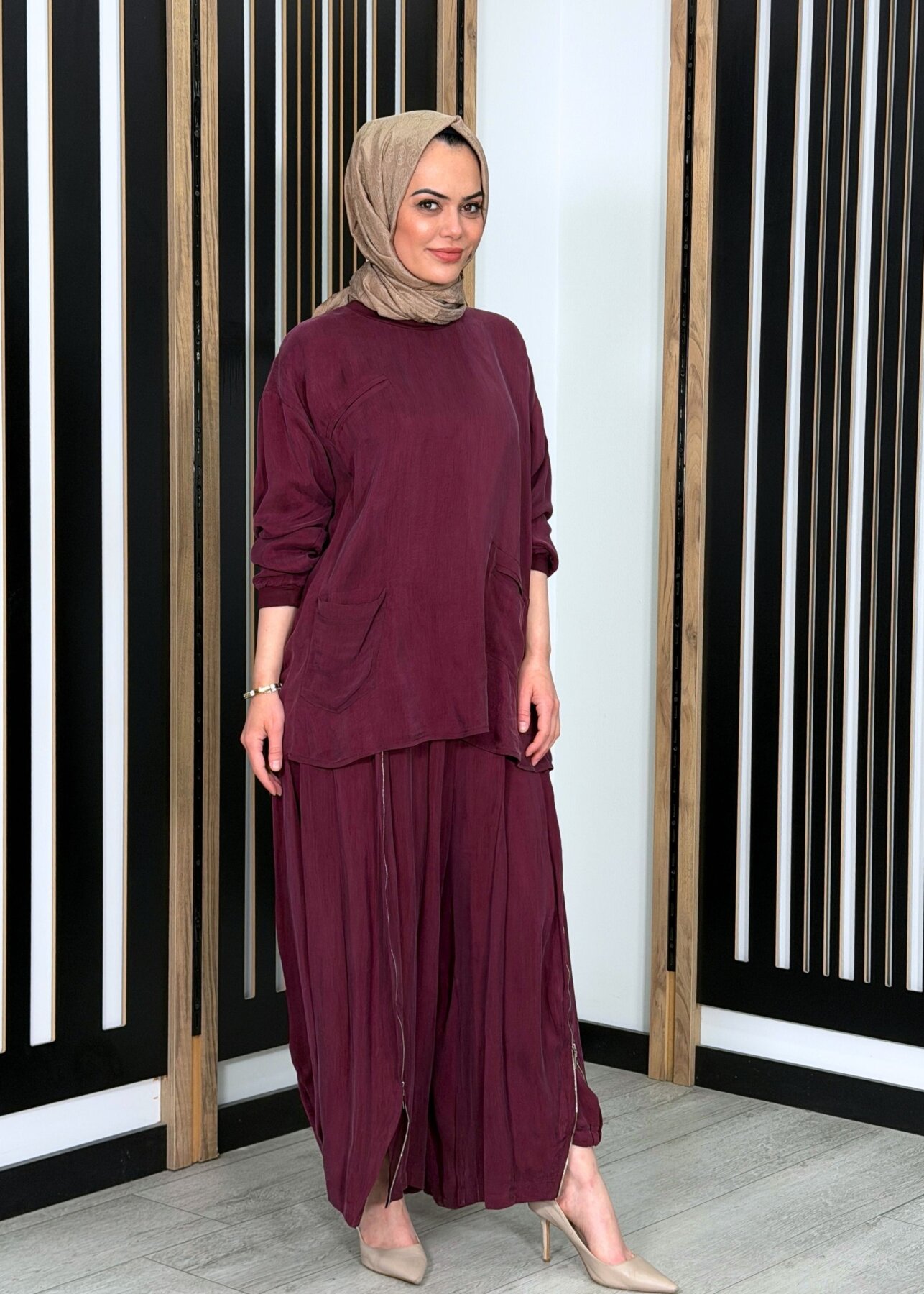 MissWhence Fermuar Detaylı İpek Şalvar Takım BORDO - 2