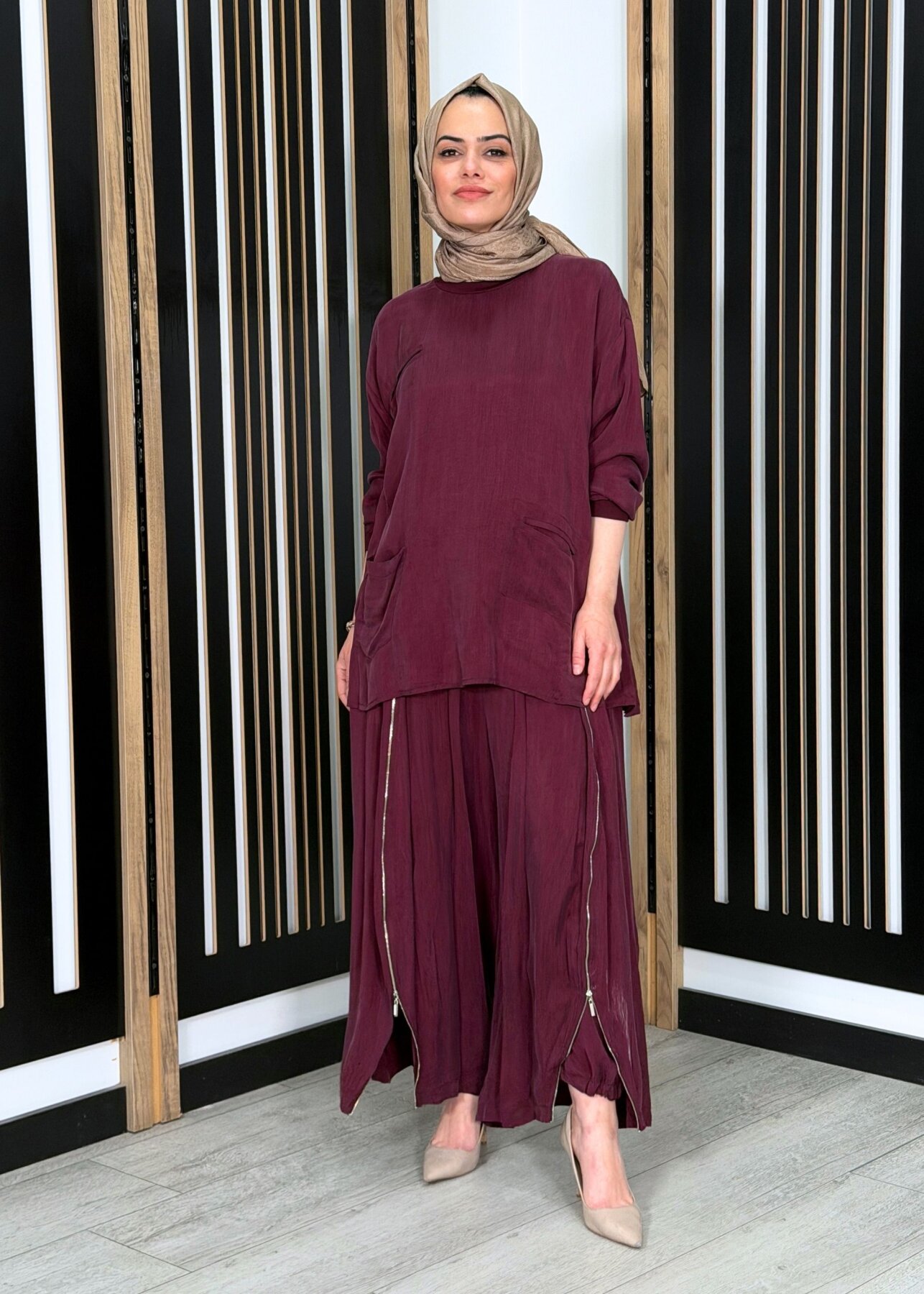 MissWhence Fermuar Detaylı İpek Şalvar Takım BORDO - 1