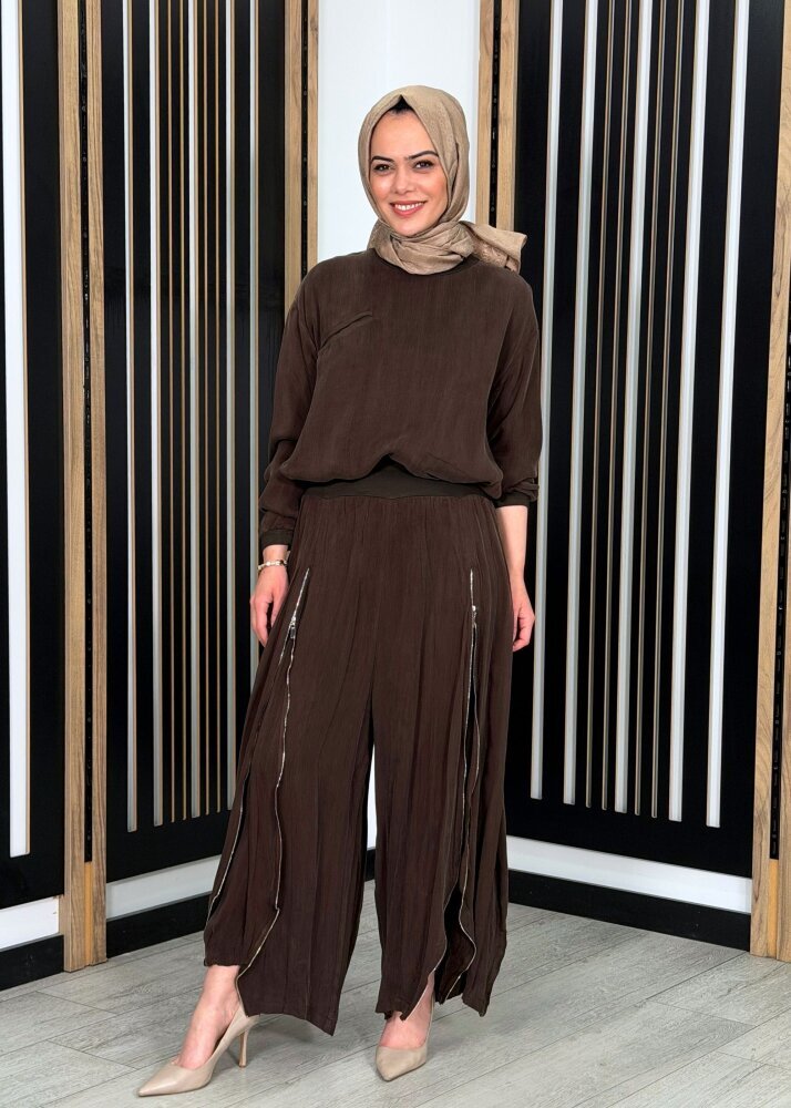 MissWhence Fermuar Detaylı İpek Şalvar Takım KAHVE