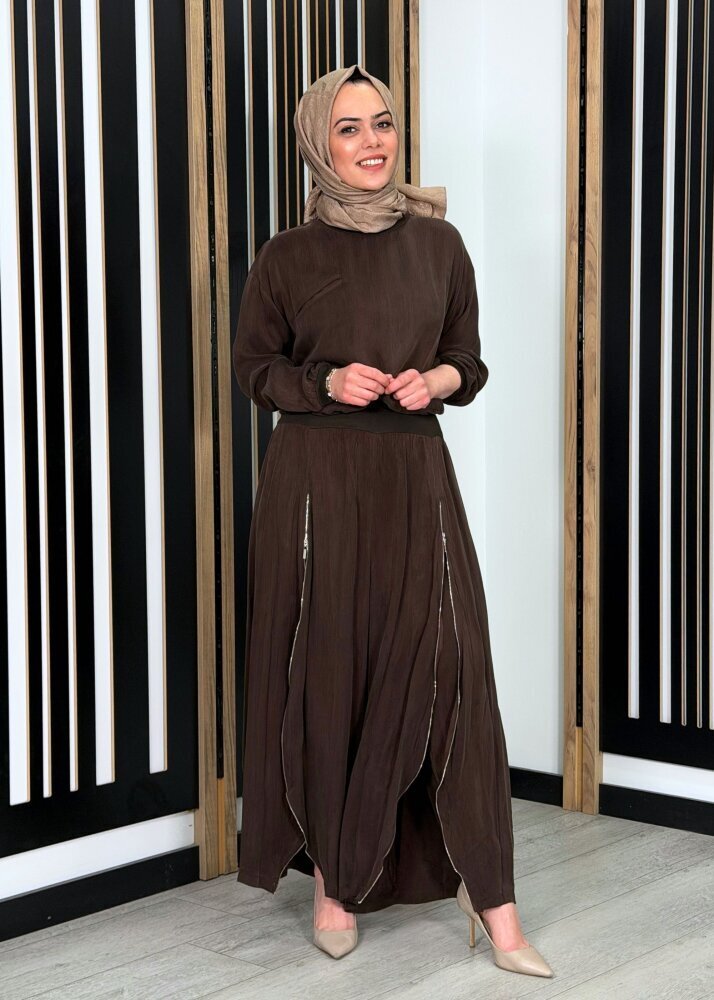 MissWhence Fermuar Detaylı İpek Şalvar Takım KAHVE - 2