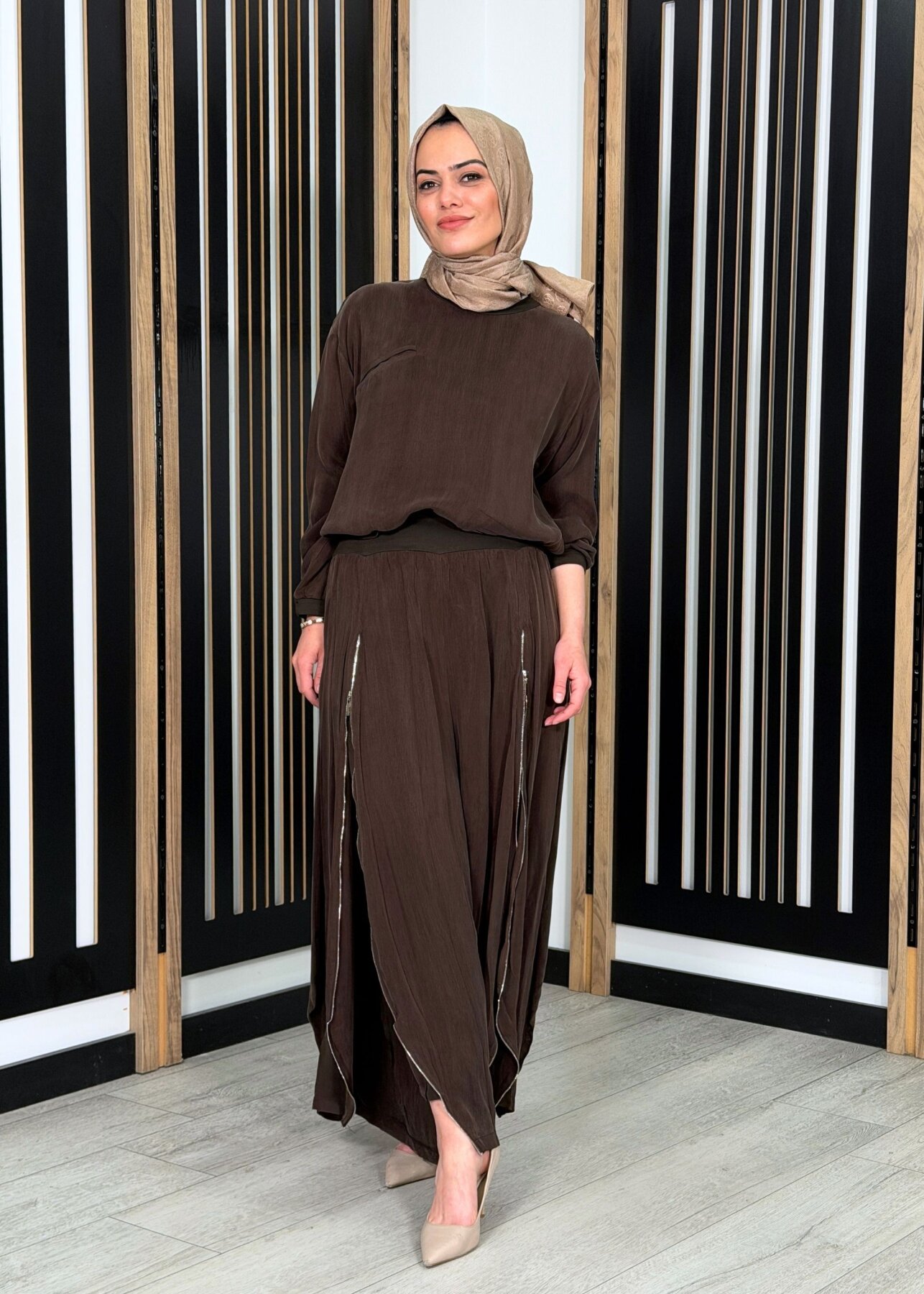 MissWhence Fermuar Detaylı İpek Şalvar Takım KAHVE - 3