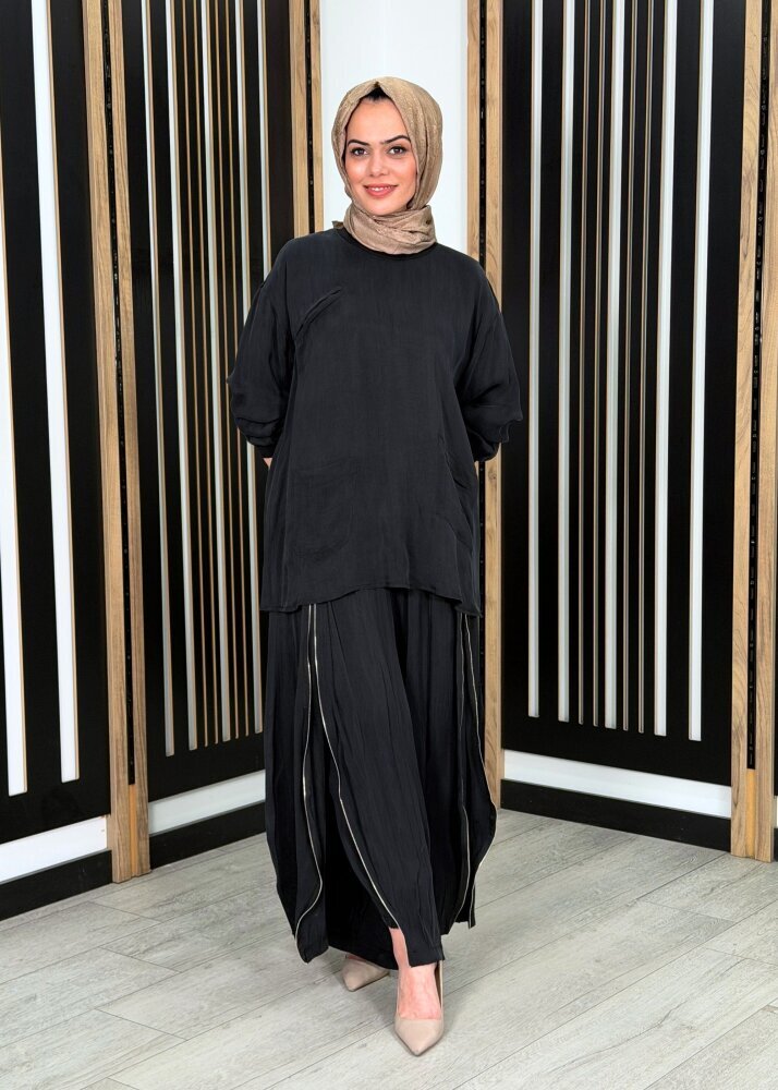 MissWhence Fermuar Detaylı İpek Şalvar Takım SİYAH - 2