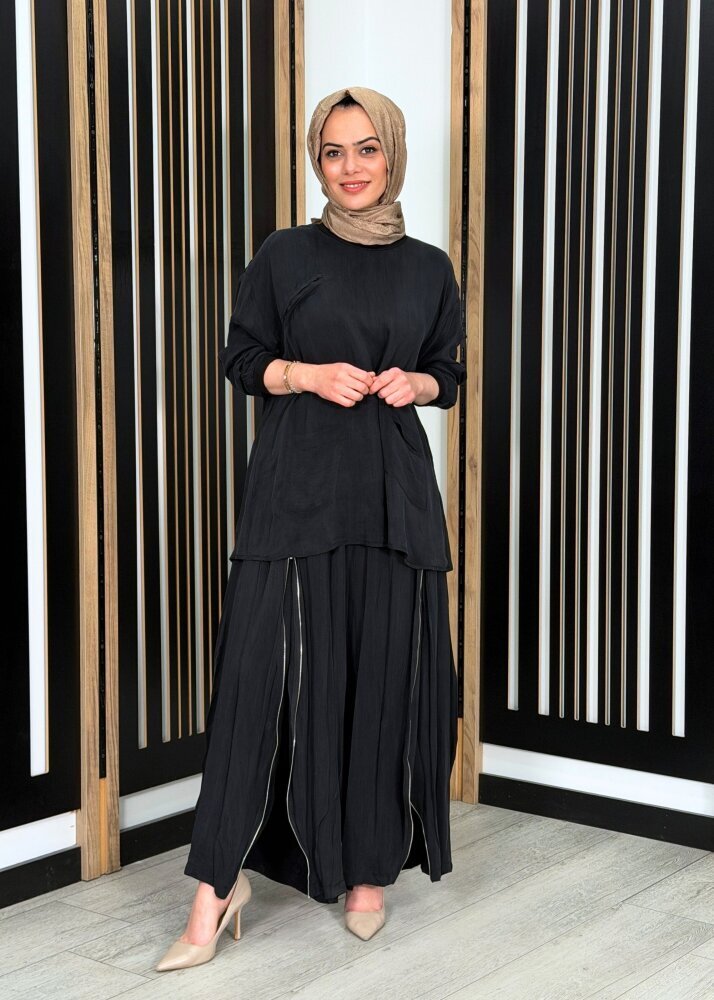 MissWhence Fermuar Detaylı İpek Şalvar Takım SİYAH - 3