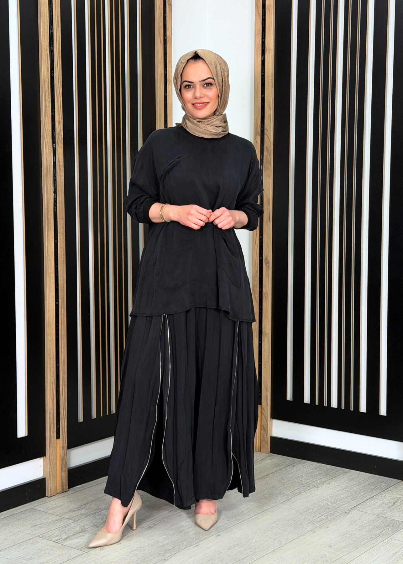 MissWhence Fermuar Detaylı İpek Şalvar Takım SİYAH - 3