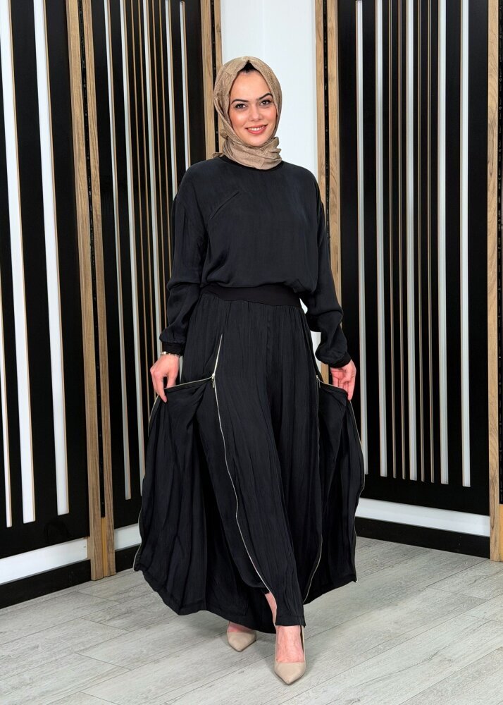 MissWhence Fermuar Detaylı İpek Şalvar Takım SİYAH