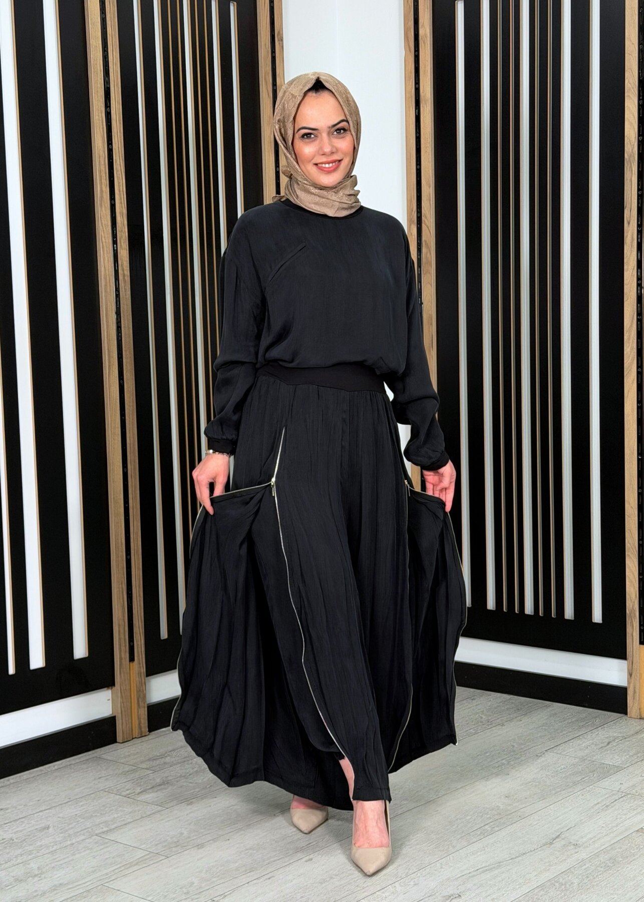 MissWhence Fermuar Detaylı İpek Şalvar Takım SİYAH - 1