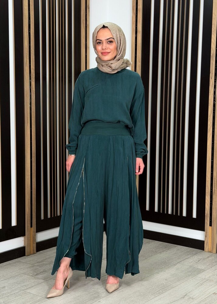 MissWhence Fermuar Detaylı İpek Şalvar Takım YEŞİL