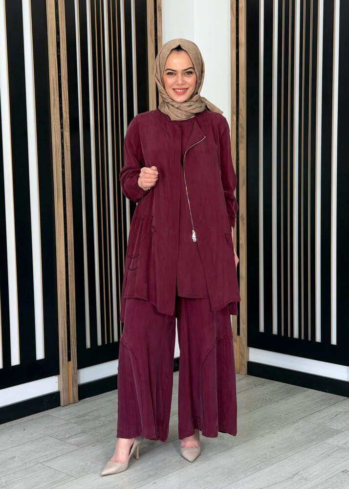 MissWhence Fermuar Detaylı İpek Takım BORDO - 2