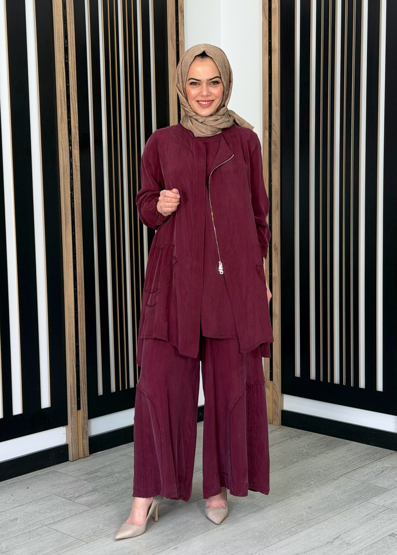 MissWhence Fermuar Detaylı İpek Takım BORDO - 2