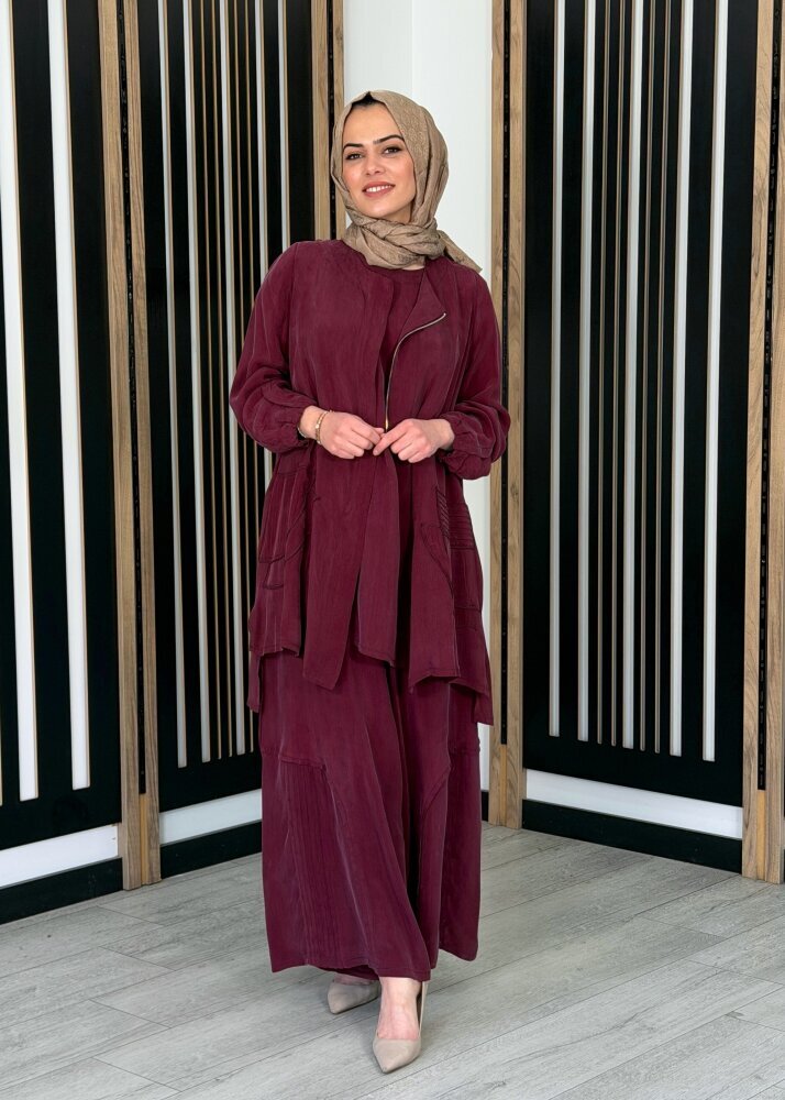 MissWhence Fermuar Detaylı İpek Takım BORDO - 3