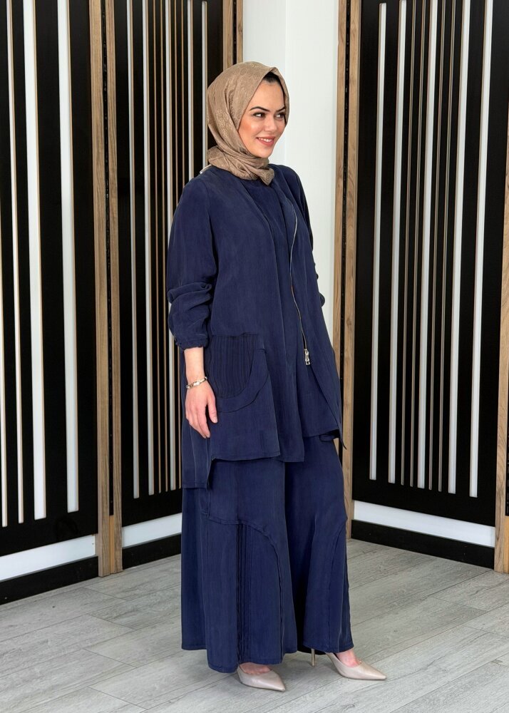 MissWhence Fermuar Detaylı İpek Takım LACİVERT