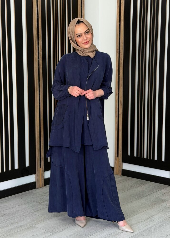 MissWhence Fermuar Detaylı İpek Takım LACİVERT - 3