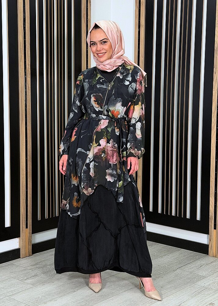 MissWhence Fermuar Detaylı Kendinden Desenli Elbise SİYAH