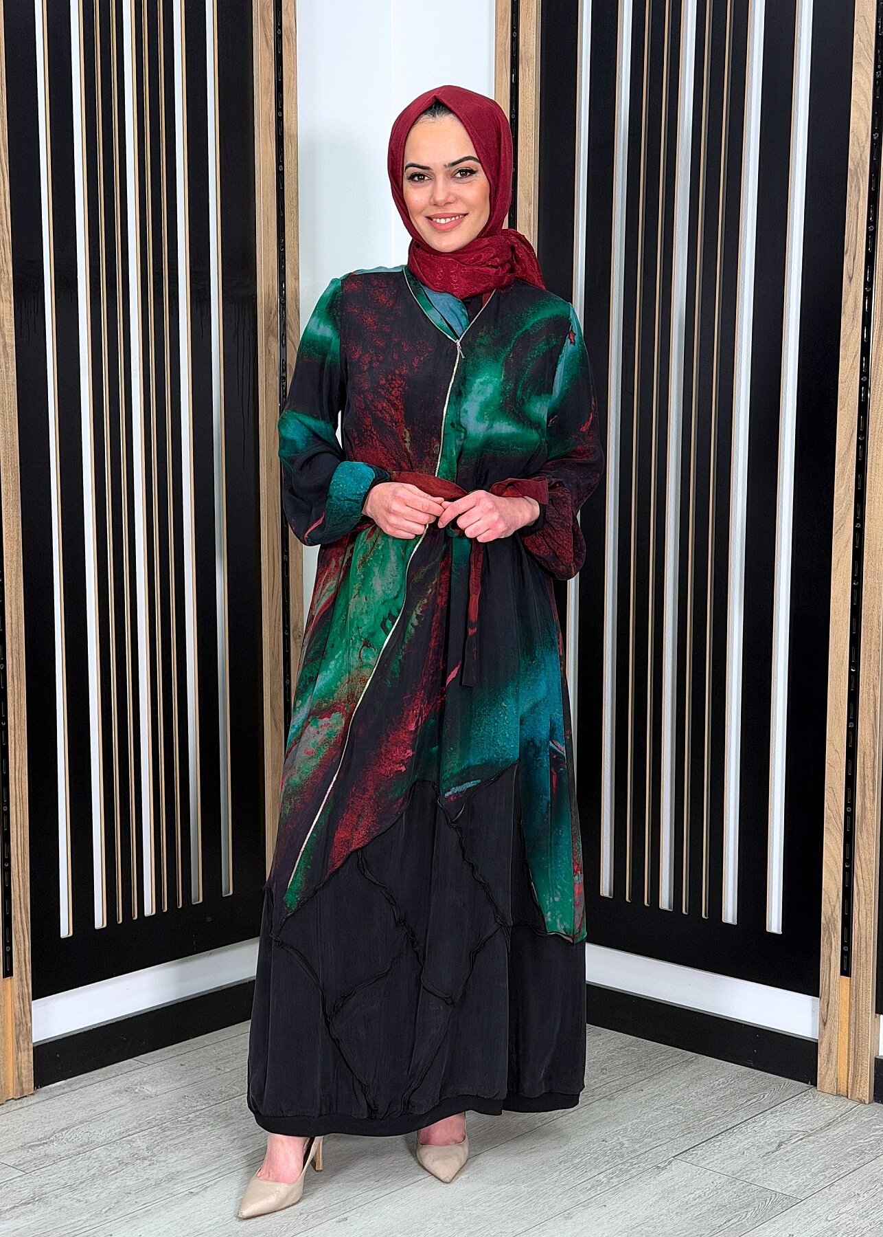 MissWhence Fermuar Detaylı Kendinden Desenli Elbise YEŞİL - 1