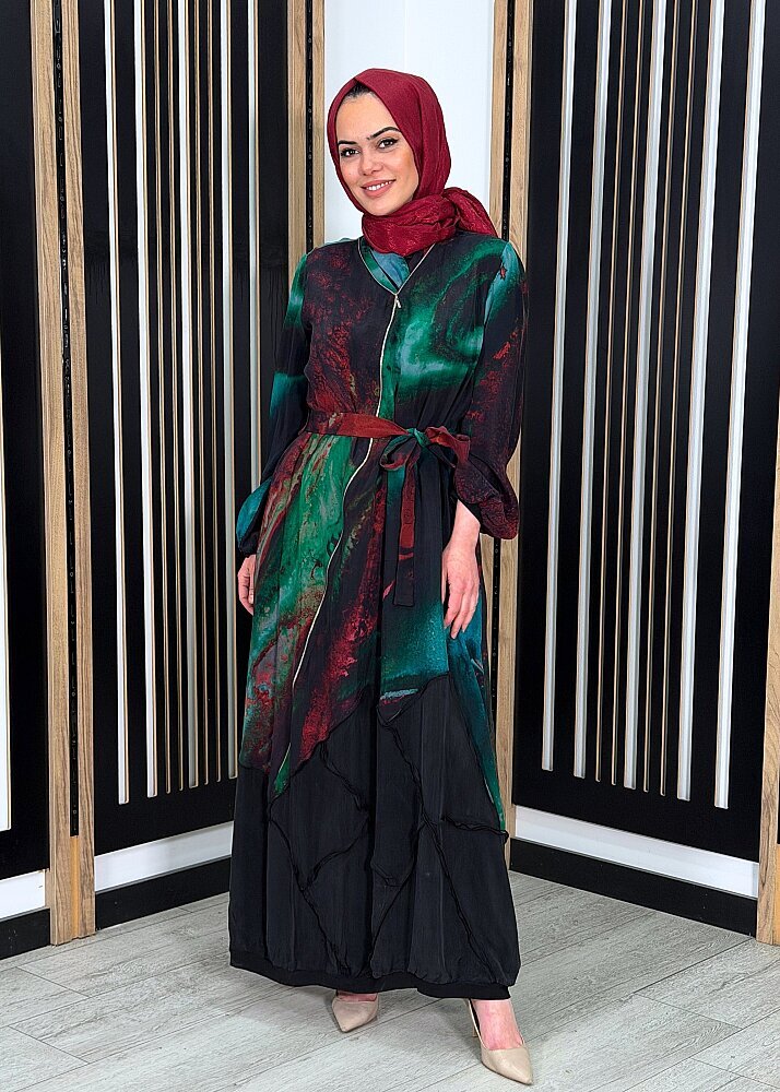 MissWhence Fermuar Detaylı Kendinden Desenli Elbise YEŞİL - 2