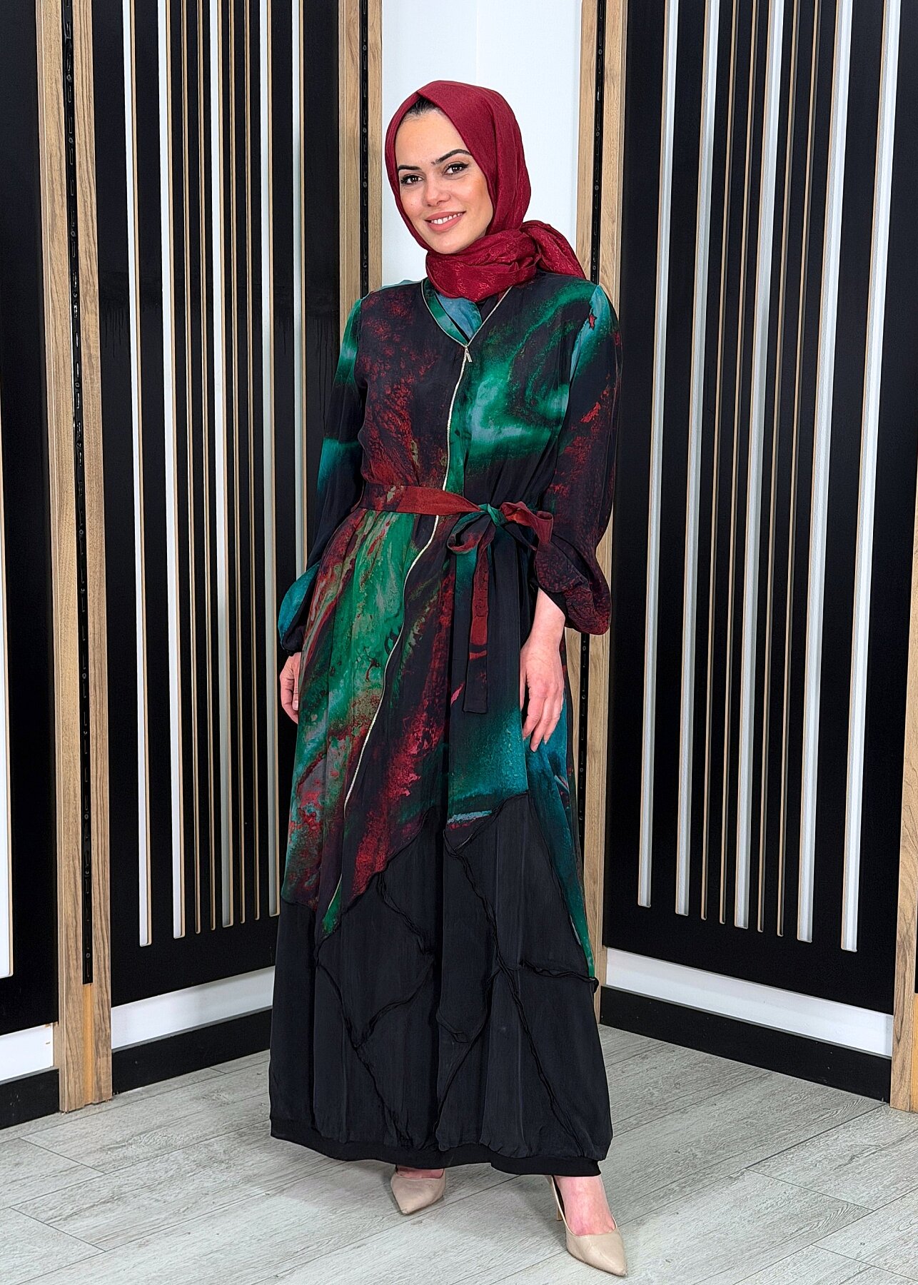 MissWhence Fermuar Detaylı Kendinden Desenli Elbise YEŞİL - 2