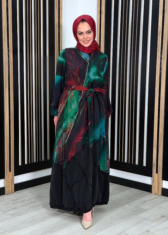 MissWhence Fermuar Detaylı Kendinden Desenli Elbise YEŞİL - 3