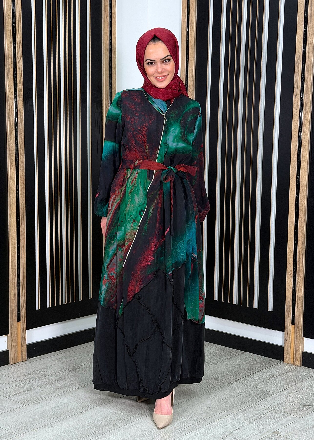 MissWhence Fermuar Detaylı Kendinden Desenli Elbise YEŞİL - 3