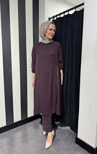 MissWhence Fermuar Detaylı Pantolon Takım BORDO - MİSSWHENCE