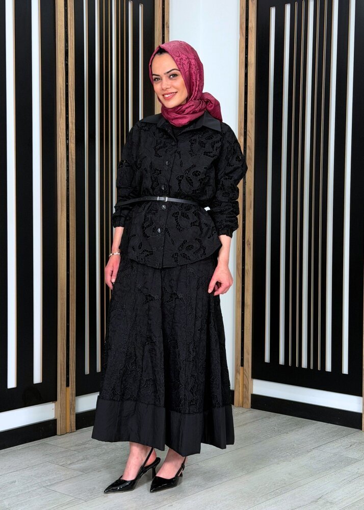 MissWhence Güpürlü Etekli Takım SİYAH