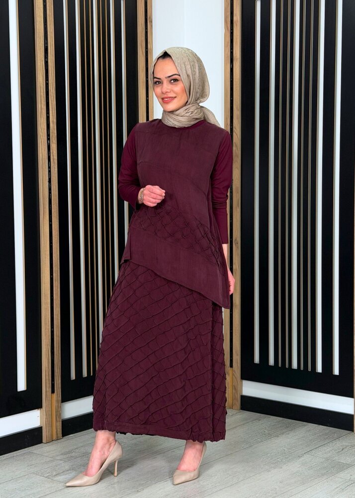 MissWhence Kabartma Baklava Dilimli İpek Etekli Takım BORDO