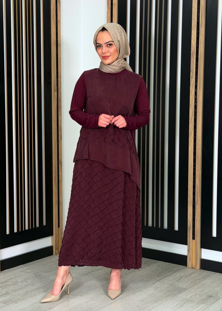 MissWhence Kabartma Baklava Dilimli İpek Etekli Takım BORDO - 3