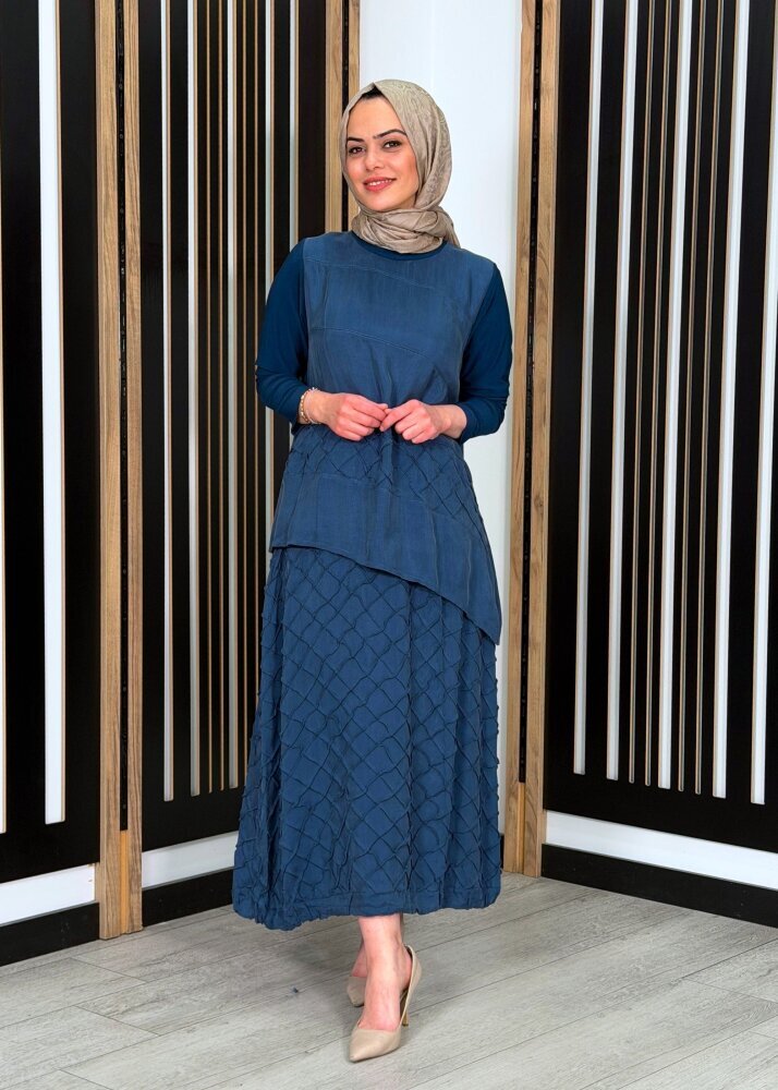 MissWhence Kabartma Baklava Dilimli İpek Etekli Takım İNDİGO - 3