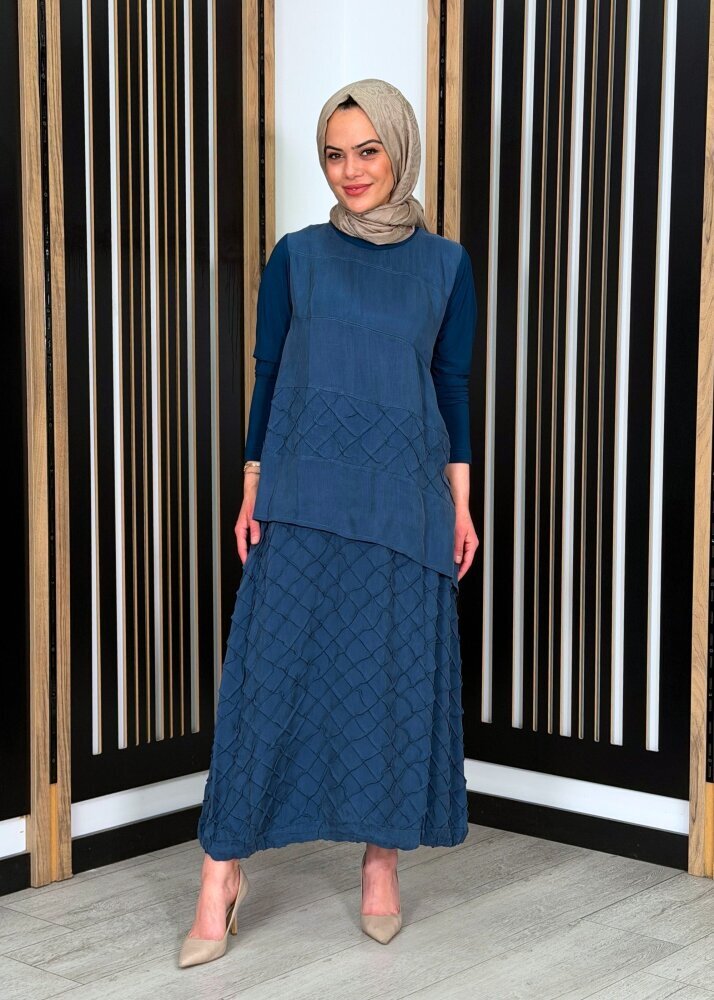 MissWhence Kabartma Baklava Dilimli İpek Etekli Takım İNDİGO