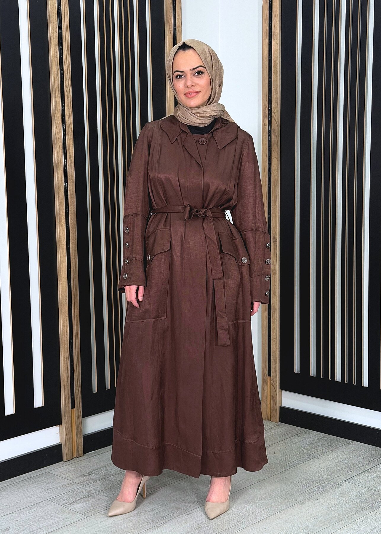 MissWhence Kapüşonlu Kuşaklı Pardesü KAHVE - 1