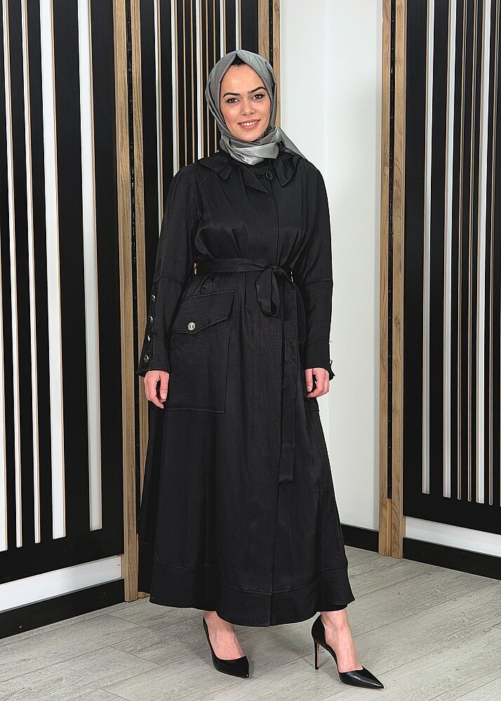 MissWhence Kapüşonlu Kuşaklı Pardesü SİYAH