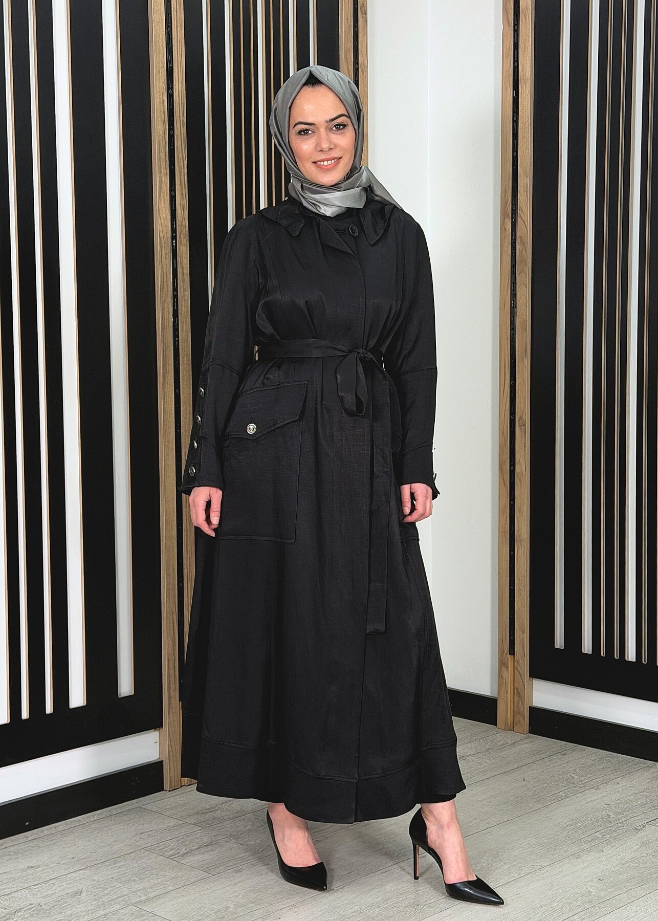 MissWhence Kapüşonlu Kuşaklı Pardesü SİYAH - 1