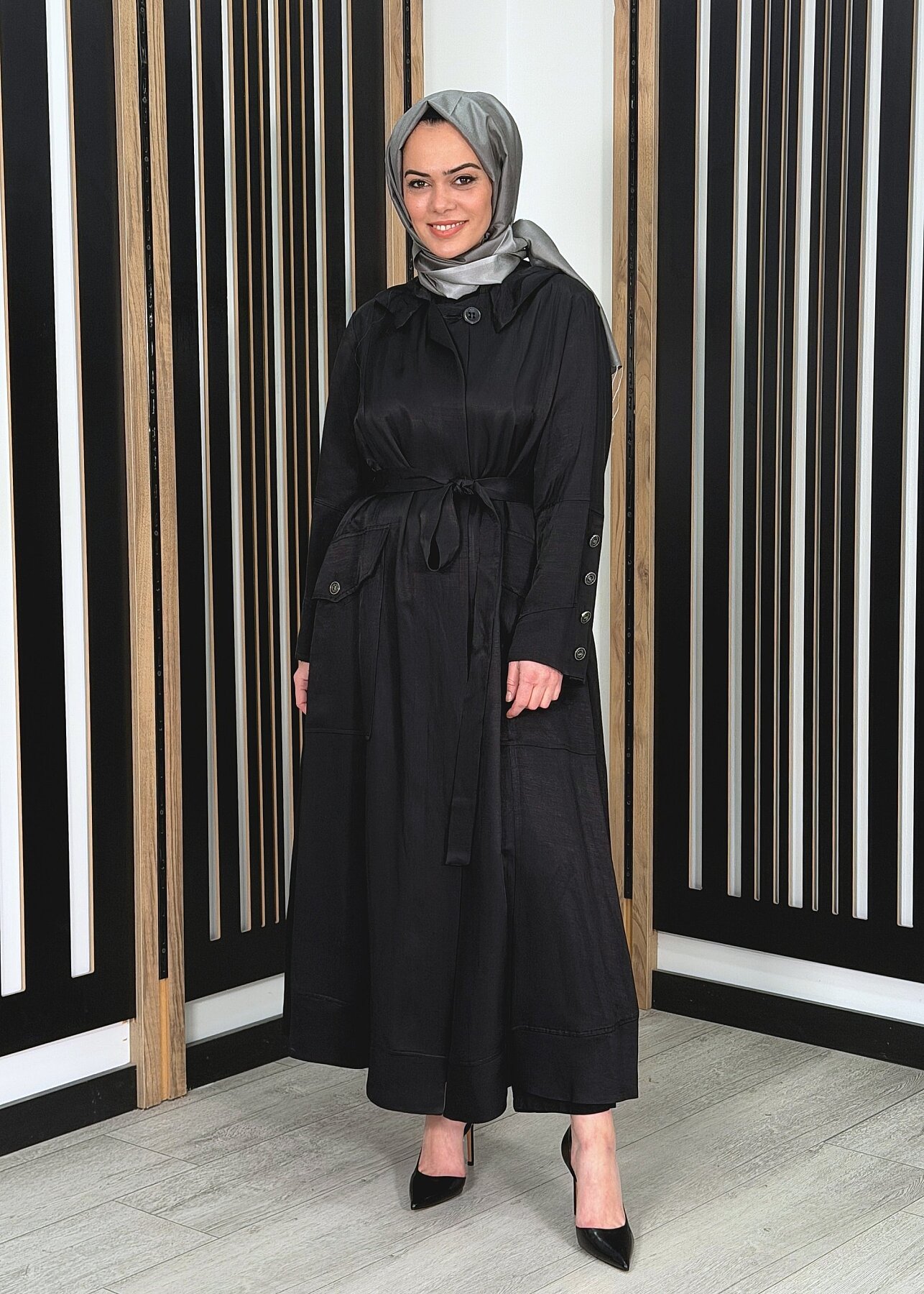 MissWhence Kapüşonlu Kuşaklı Pardesü SİYAH - 2