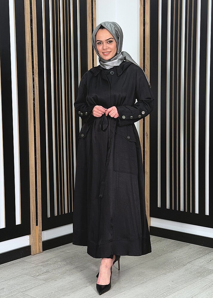 MissWhence Kapüşonlu Kuşaklı Pardesü SİYAH - 3