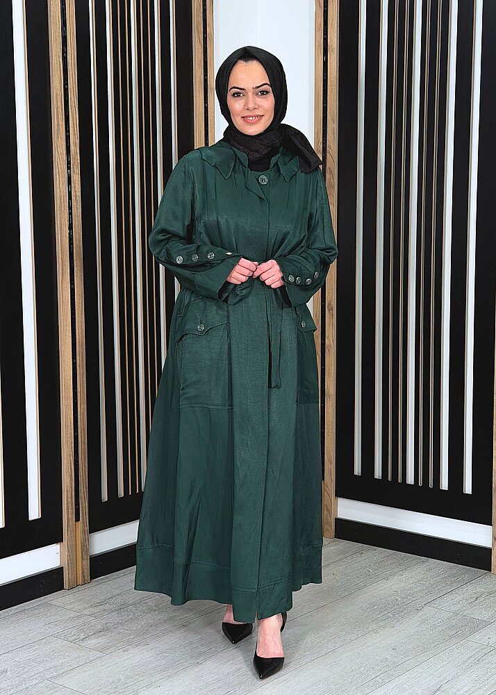 MissWhence Kapüşonlu Kuşaklı Pardesü YEŞİL