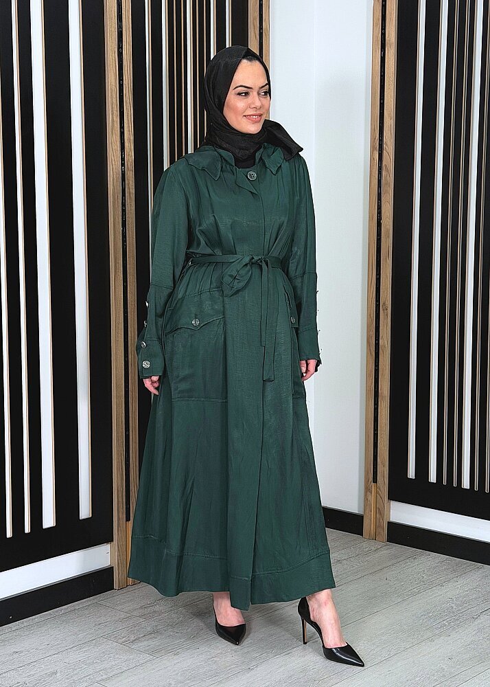 MissWhence Kapüşonlu Kuşaklı Pardesü YEŞİL - 2