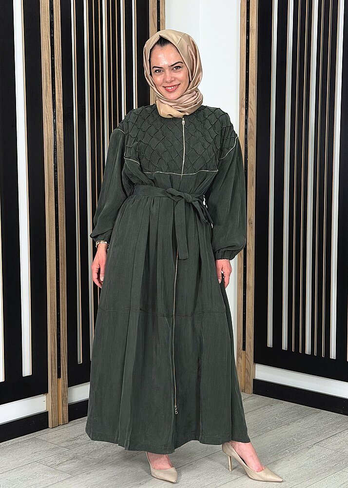 MissWhence Kare Desenli Fermuar Detaylı Ferace YEŞİL