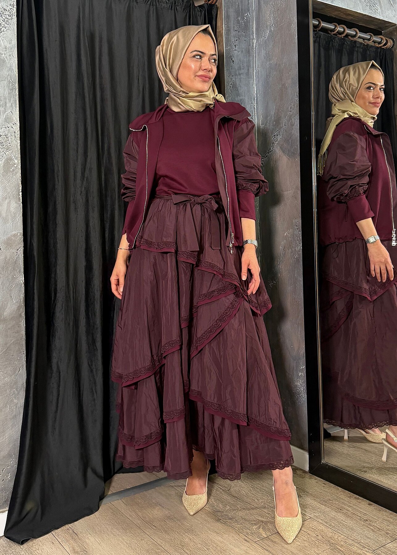 MissWhence Kolları Paraşüt Ceketli Elbise BORDO - 1