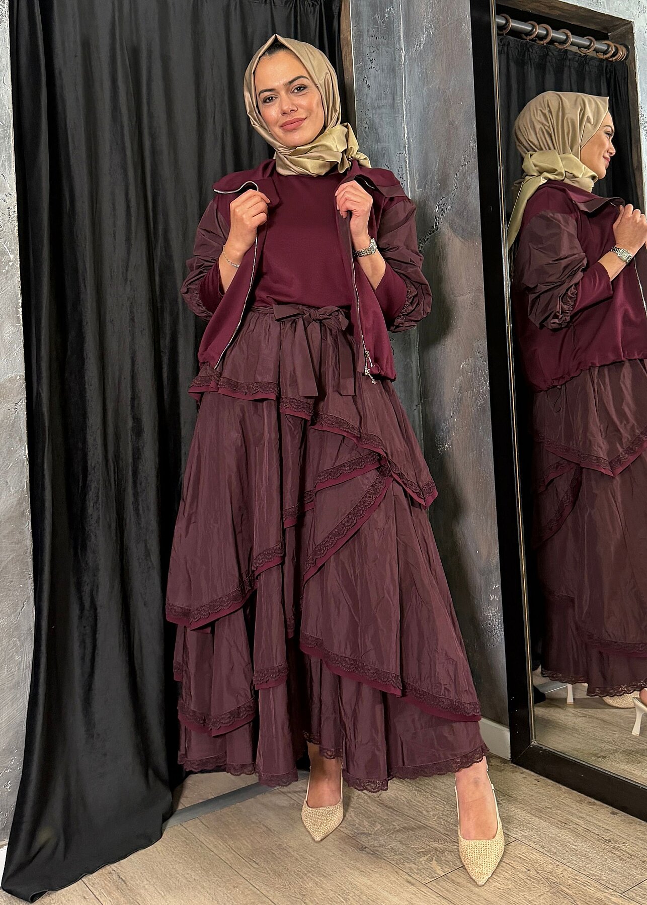 MissWhence Kolları Paraşüt Ceketli Elbise BORDO - 3