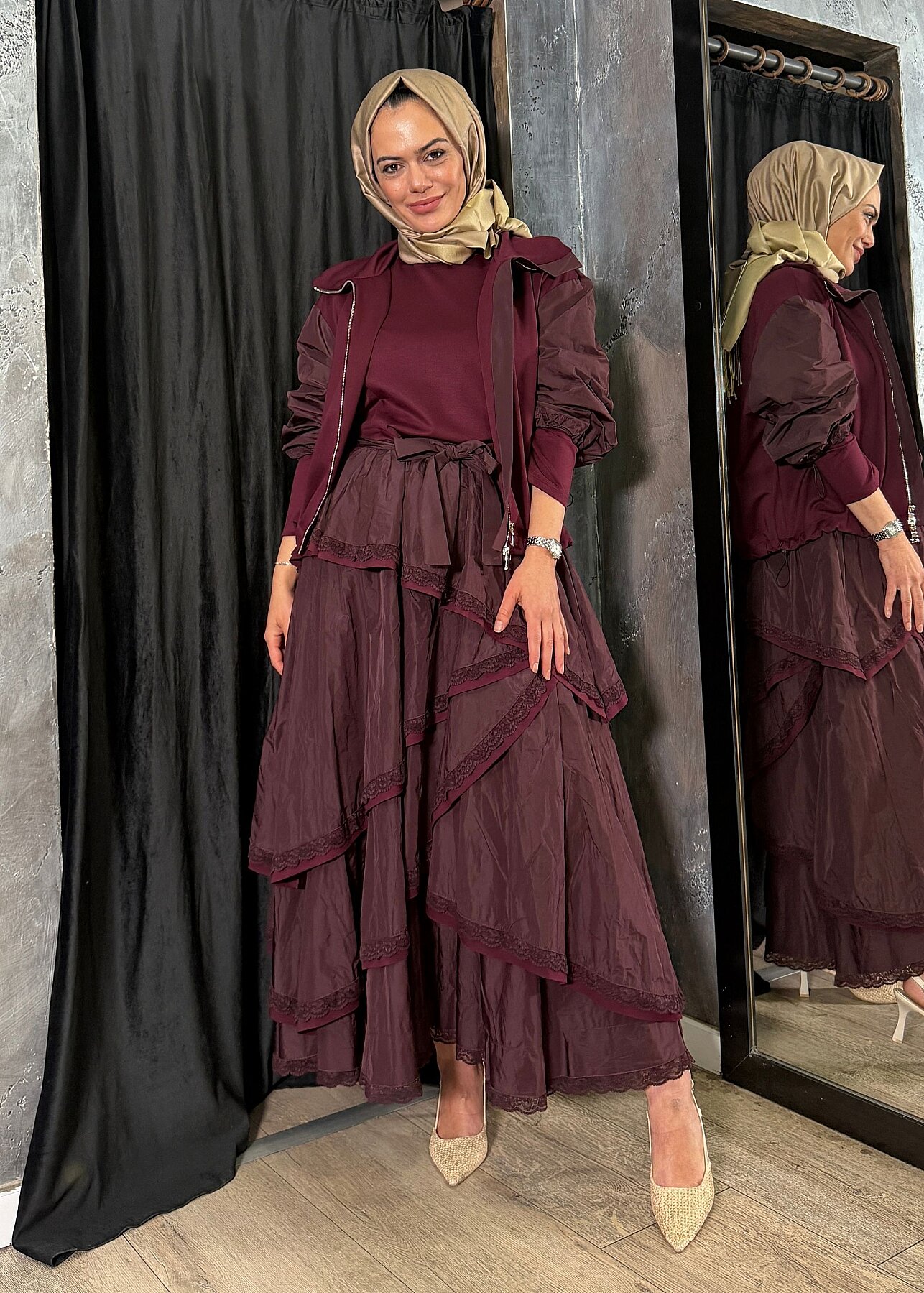 MissWhence Kolları Paraşüt Ceketli Elbise BORDO - 4