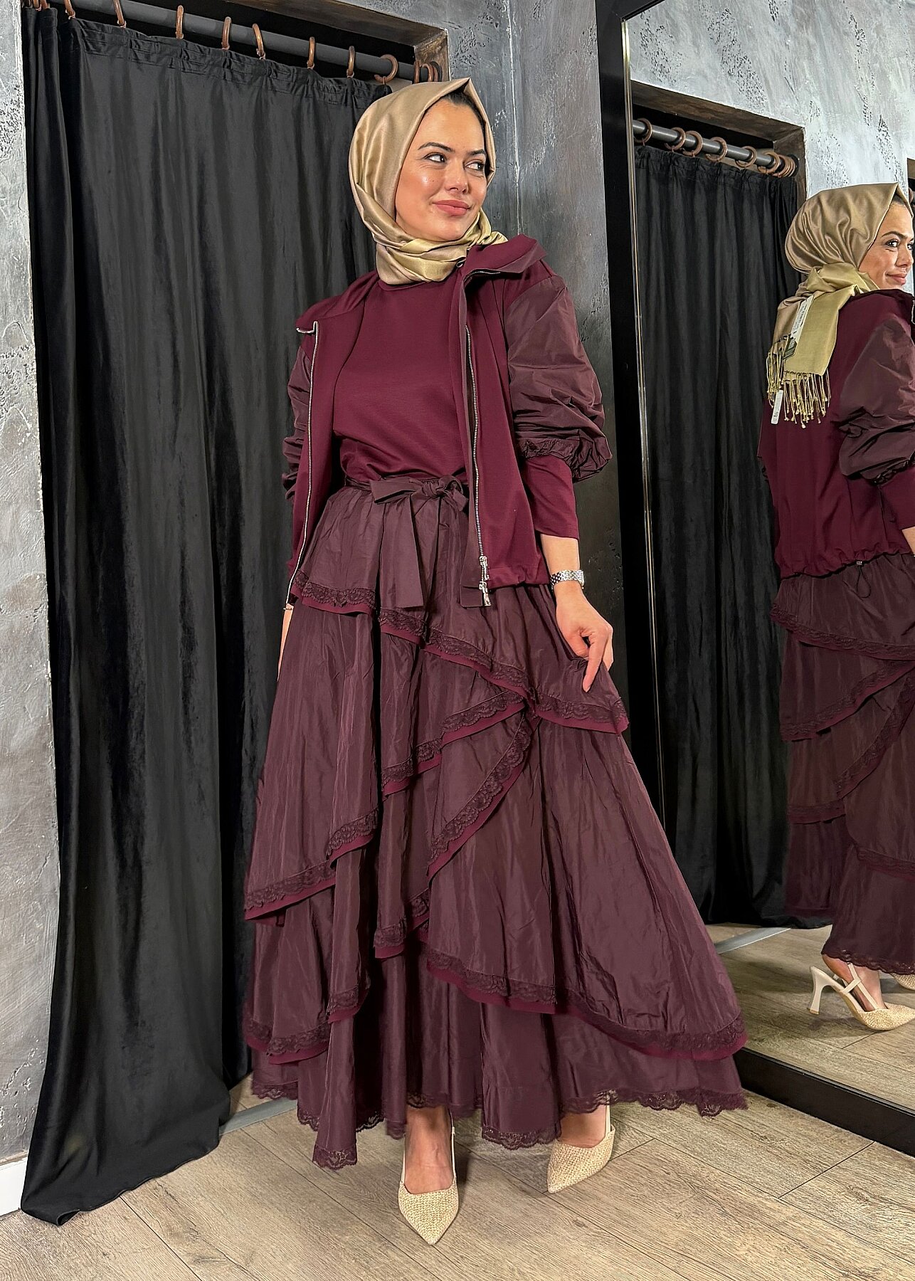 MissWhence Kolları Paraşüt Ceketli Elbise BORDO - 7