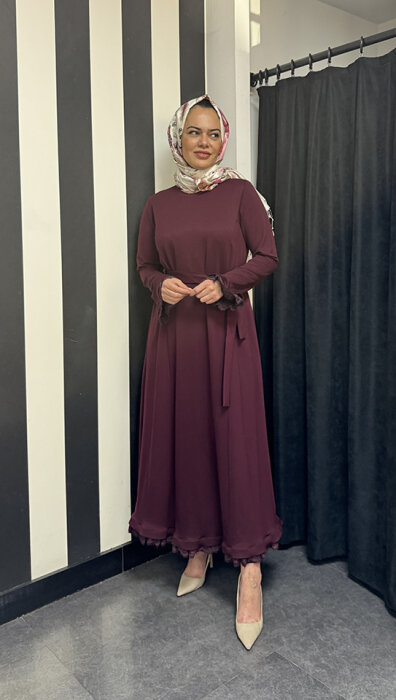 MissWhence Kolları Ve Etek Ucu Dantelli Elbise BORDO - 3