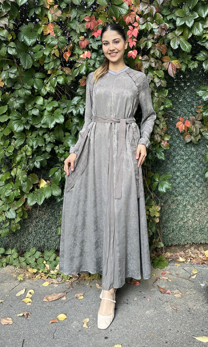 MissWhence Önden Fermuarlı Çiçekli Elbise GRİ - 1