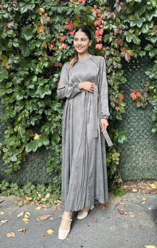 MissWhence Önden Fermuarlı Çiçekli Elbise GRİ - 2