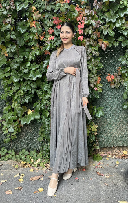 MissWhence Önden Fermuarlı Çiçekli Elbise GRİ - 2