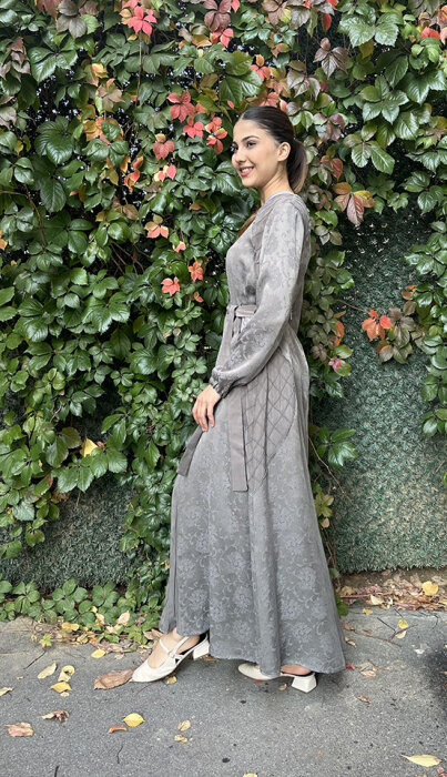 MissWhence Önden Fermuarlı Çiçekli Elbise GRİ - 3