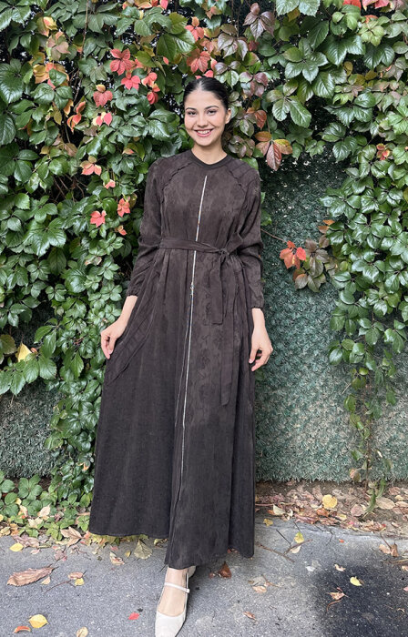 MissWhence Önden Fermuarlı Çiçekli Elbise KAHVE - 1