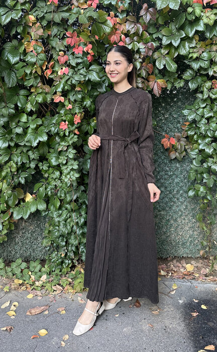 MissWhence Önden Fermuarlı Çiçekli Elbise KAHVE - 2