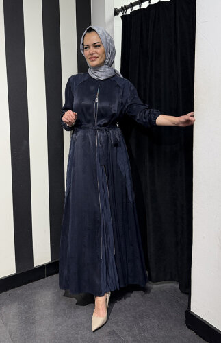 MissWhence Önden Fermuarlı Çiçekli Elbise LACİVERT - MİSSWHENCE