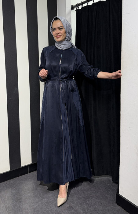 MissWhence Önden Fermuarlı Çiçekli Elbise LACİVERT - 1